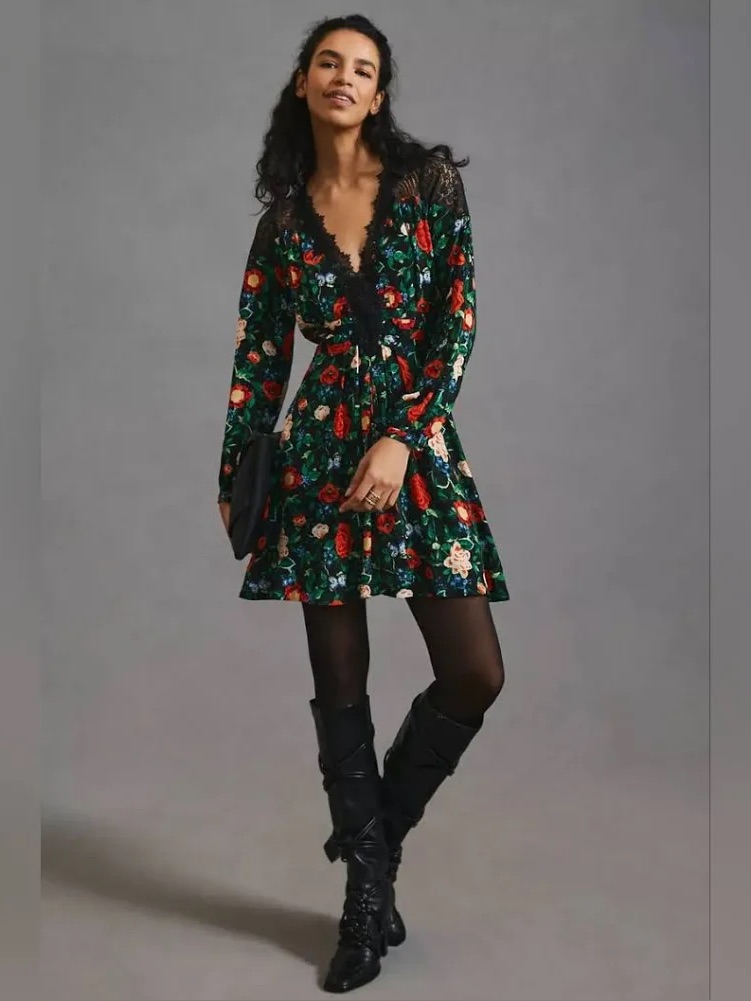 Nwt Anthropologie Black Floral Long-Sleeve Mini Dress With Lace Detail.